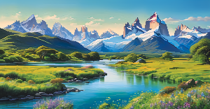 A picturesque view of Patagonia's mountains and valleys with a river and wildflowers, illustrating environmental activism.