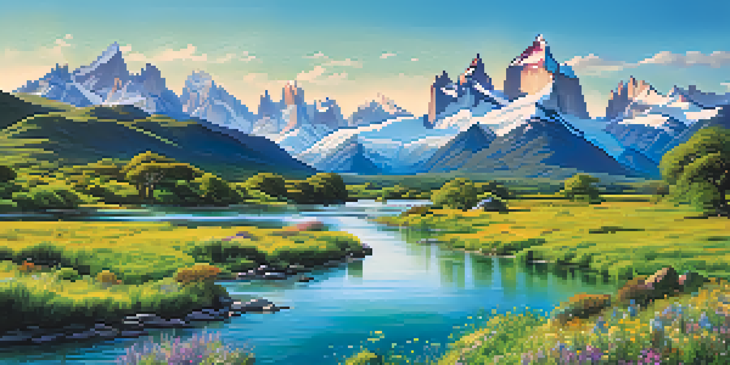 A picturesque view of Patagonia's mountains and valleys with a river and wildflowers, illustrating environmental activism.