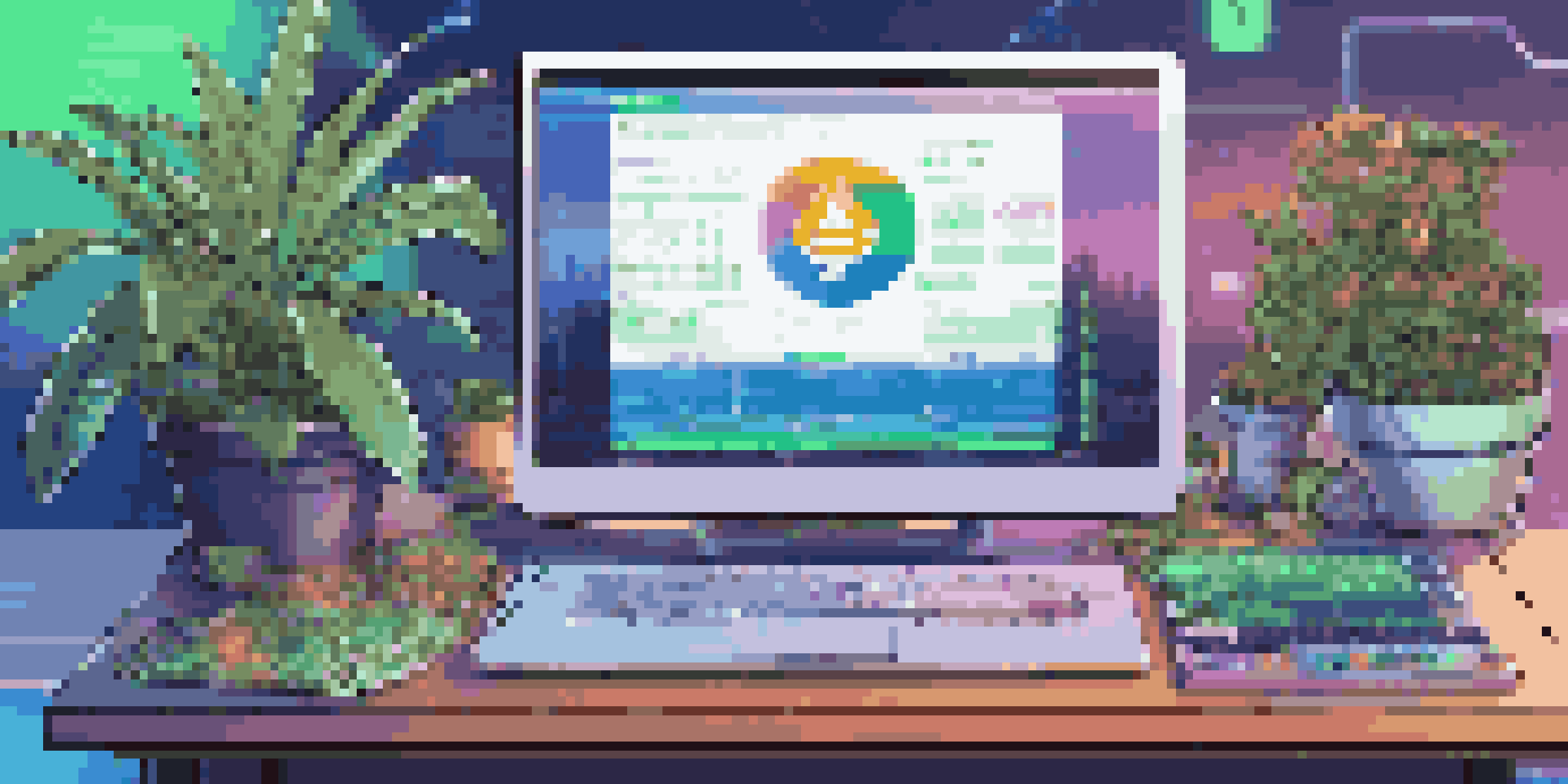 A modern workspace with a laptop displaying a cryptocurrency exchange, surrounded by digital graphics of cryptocurrency logos and illuminated in blue and green colors.