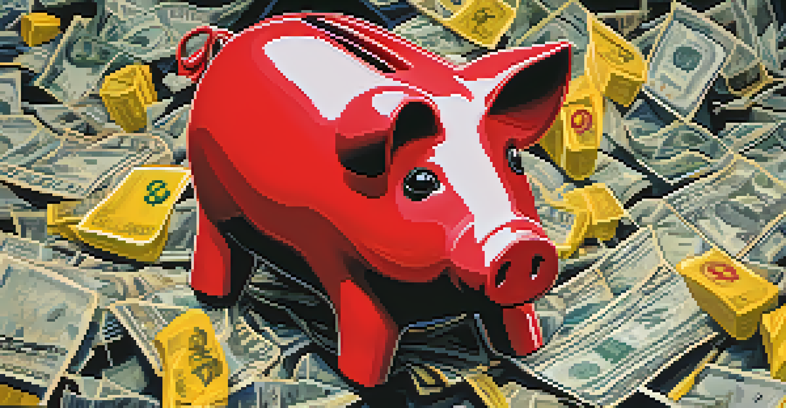 An abstract image depicting a broken piggy bank with crumpled dollar bills and warning signs against a dark background.