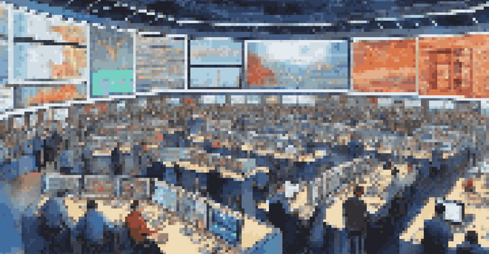 A busy stock trading floor with traders looking at screens and digital displays showing stock prices.