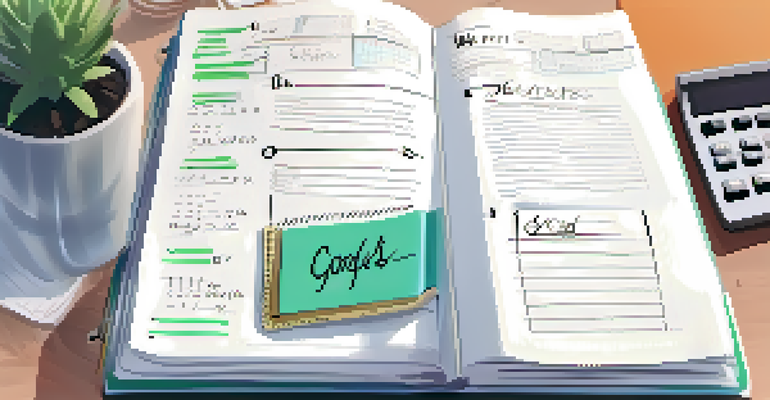 A close-up of an open journal with handwritten financial goals, surrounded by a cup of coffee and a calculator.