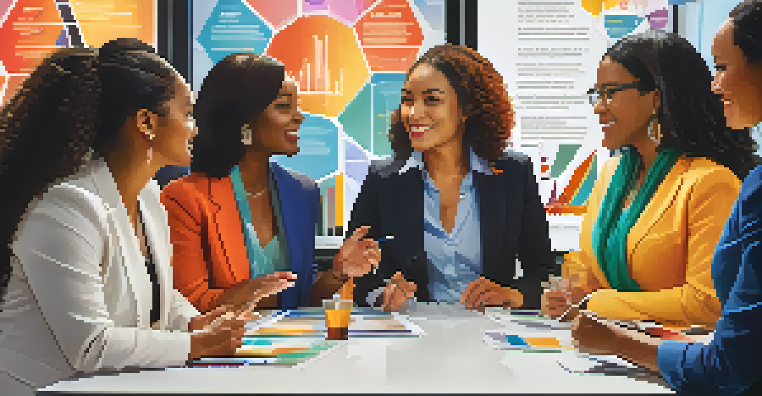 A diverse group of women in business attire discussing sustainable investing at a networking event, with charts displayed behind them.