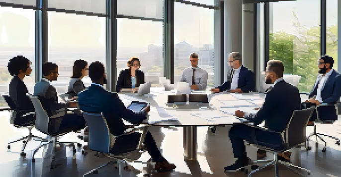 A diverse team of professionals in a modern conference room discussing ethical practices.