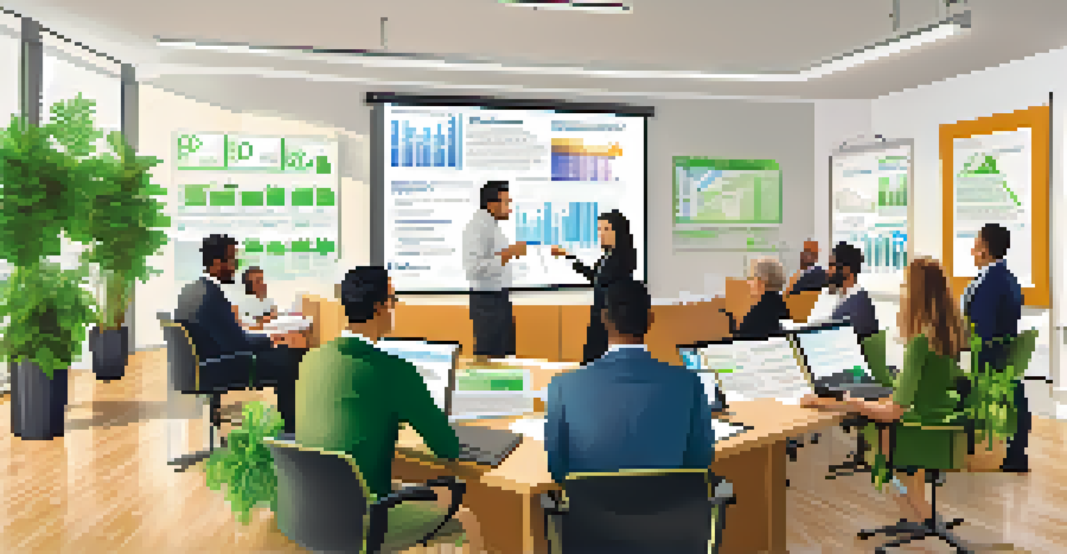 A diverse group in a tax consultation session, with a consultant pointing at a chart, surrounded by plants and inspirational quotes.