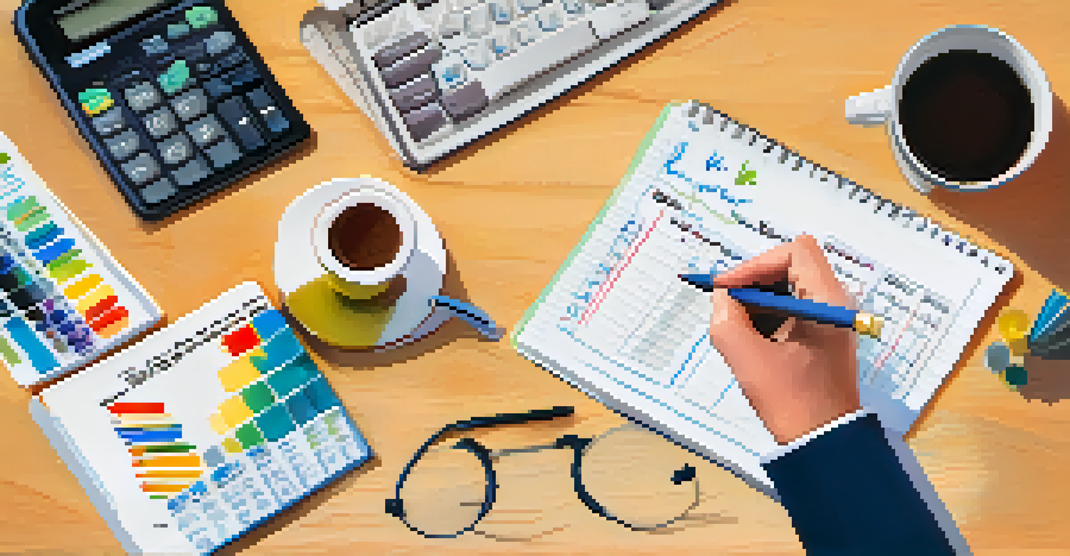 A close-up of a hand writing a budget plan in a notebook, surrounded by a calculator, coffee, and charts, highlighting financial planning.