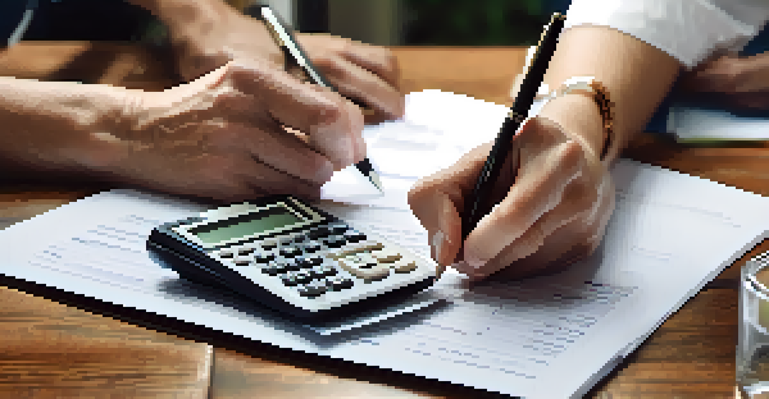 Close-up of hands filling out a retirement savings application form with a calculator nearby.