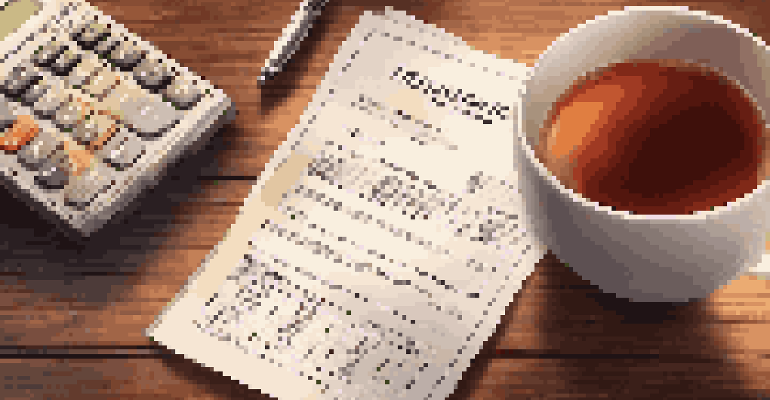 A close-up of an insurance policy document next to a calculator and a cup of tea on a cozy wooden table, highlighting financial planning in retirement.