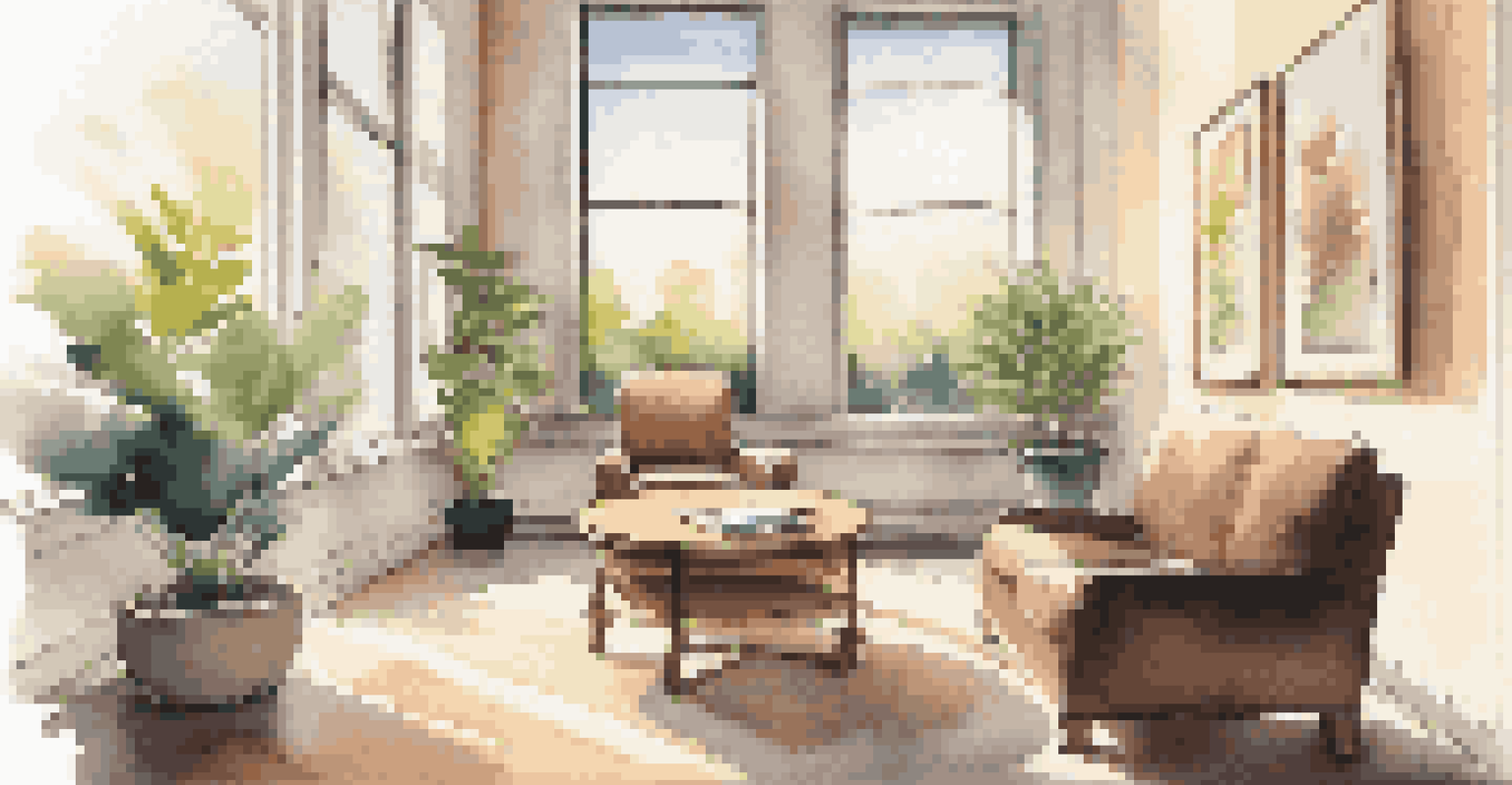 A cozy office space with a round table, financial books, and a cup of coffee, illuminated by soft lighting and sunlight from a window.