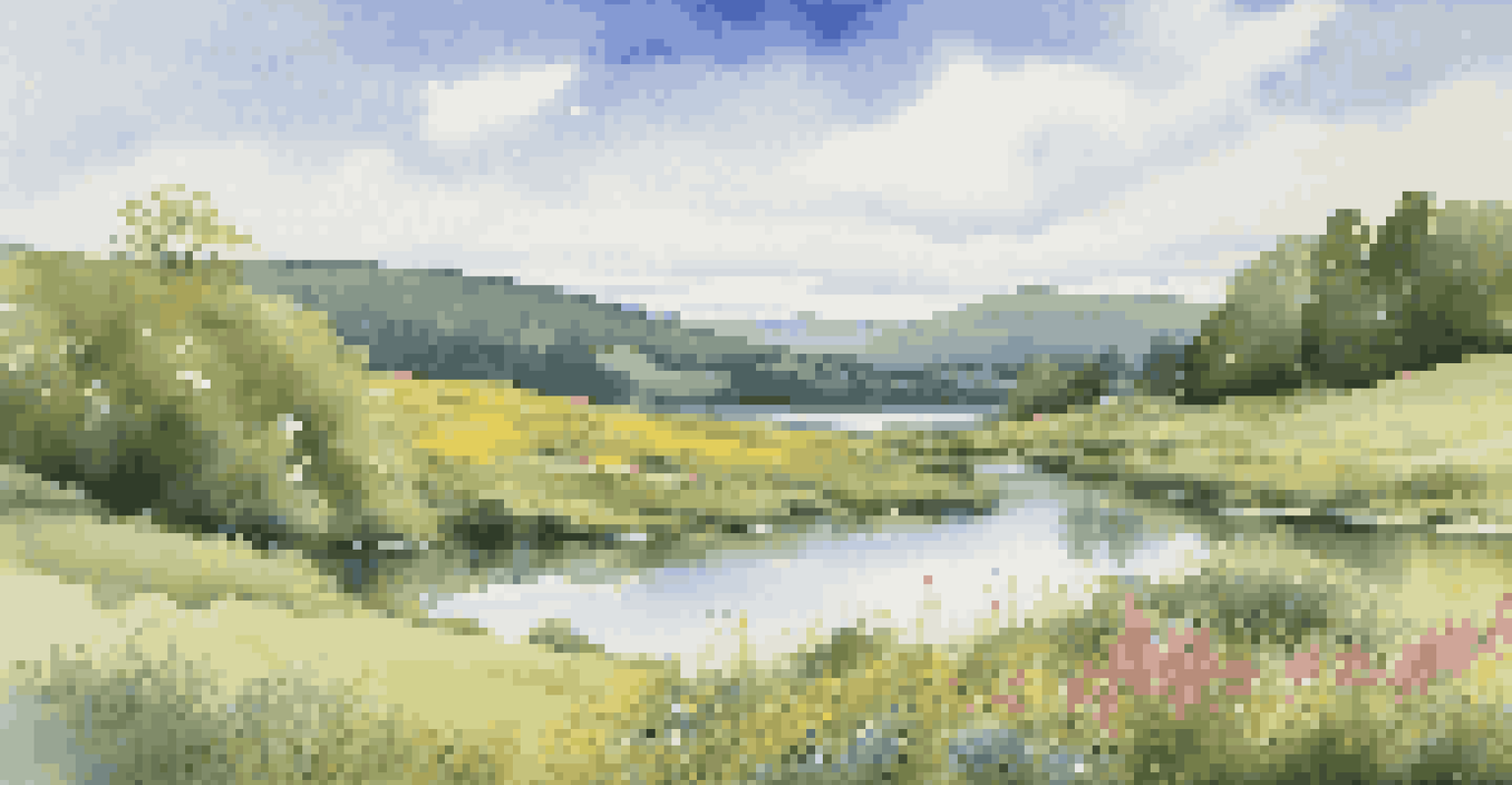 Rolling green hills under a blue sky with clouds, featuring a calm pond and colorful wildflowers in the foreground.