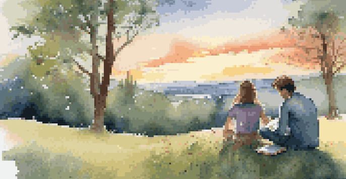 A young couple sitting on a grassy hill, looking at financial plans with a sunset in the background, surrounded by trees and wildflowers.