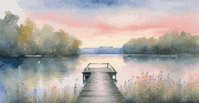 A tranquil lakeside scene at sunrise, with a wooden dock, lush greenery, and soft pastel colors reflecting on the water.