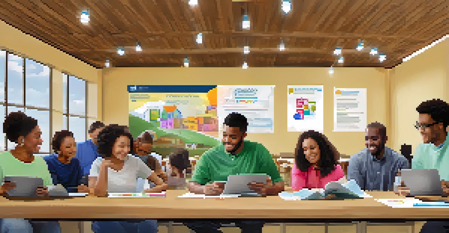 A community center where adults are participating in a financial literacy workshop, with a young man showing a budgeting app to an older woman.