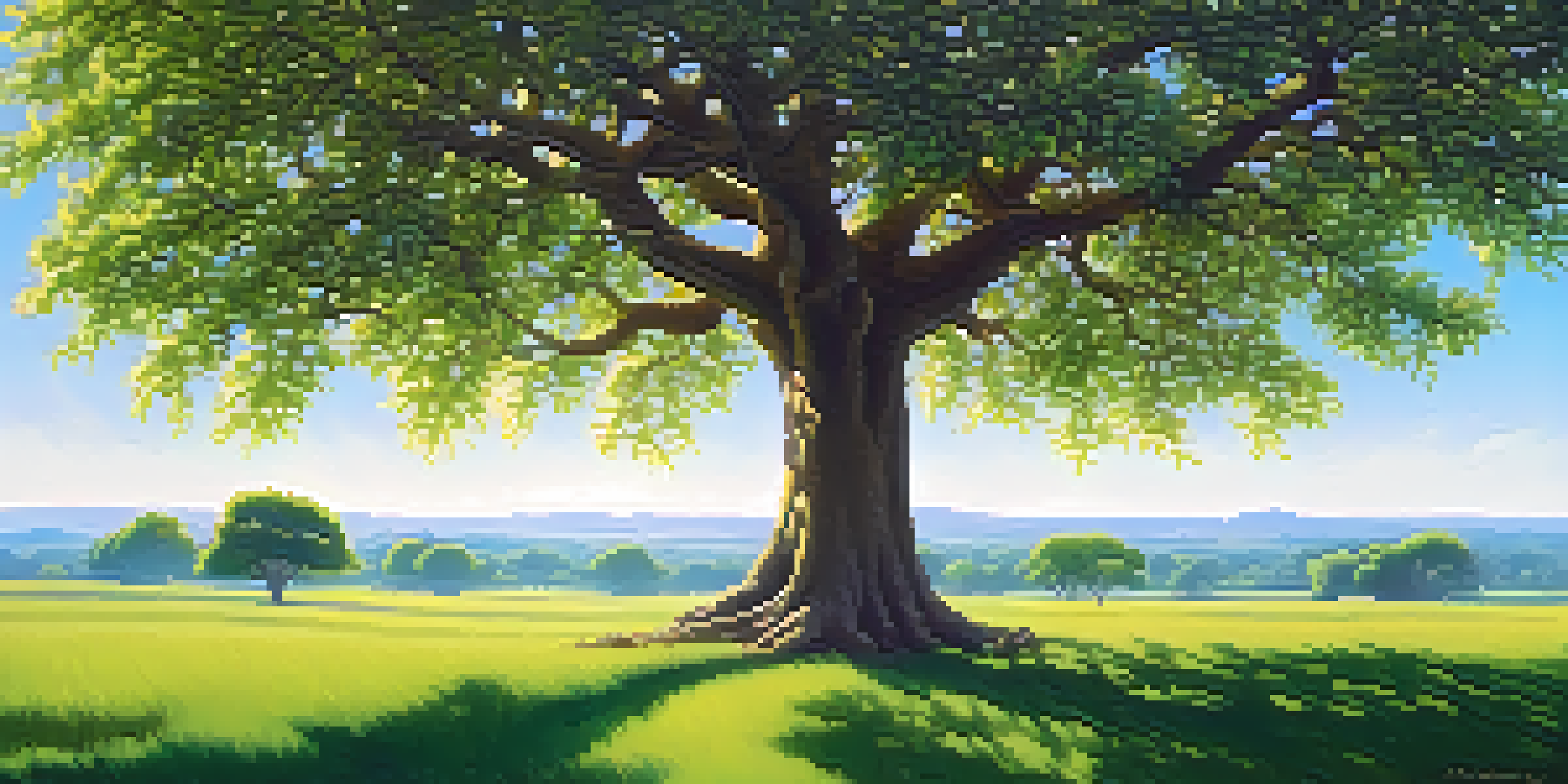 A green field with a large fruit-bearing tree under a blue sky, representing growth and prosperity.