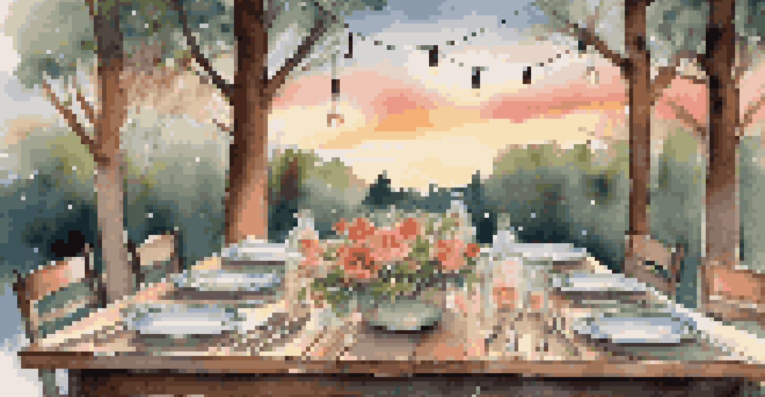 A rustic outdoor dinner table set with flowers and vintage cutlery, illuminated by fairy lights against a sunset backdrop.