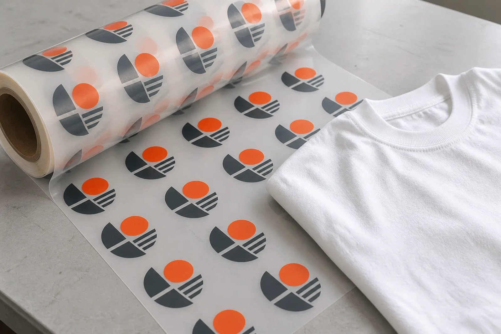 オレンジと黒の絵柄を並べた転写シートと白いTシャツのイメージ