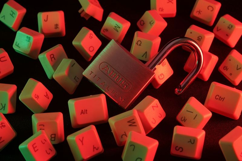 A padlock resting on a computer keyboard