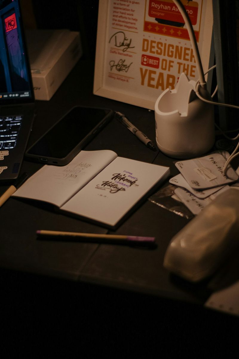 A cluttered desk covered in design tools and notes