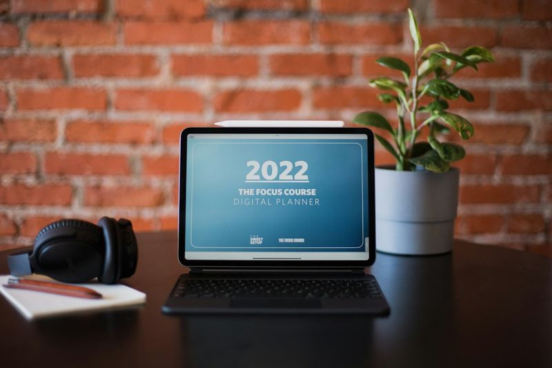 A laptop and a potted plant on a wooden desk