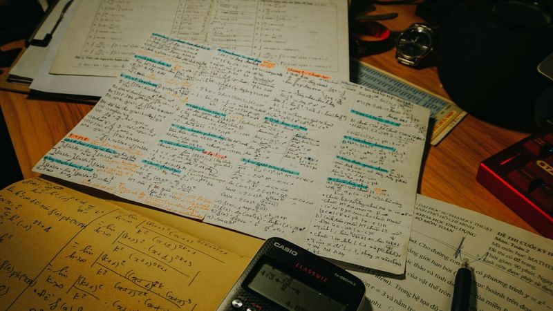 Desk with a calculator, pens, and study papers