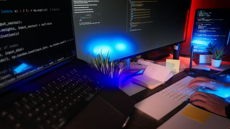 Developer coding at a desk with several monitors