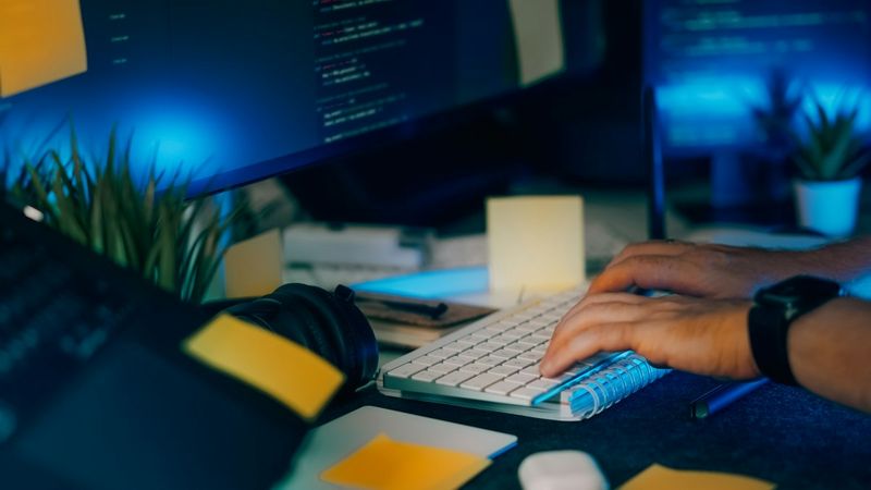 Hands typing on a keyboard in a dark office with code on the screen