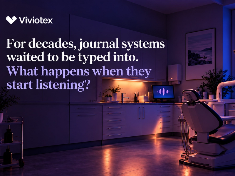 Empty dental treatment room at dusk, a sound wave on the journal screen