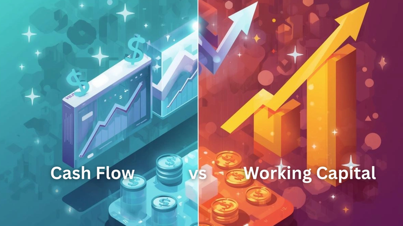 Illustration comparing cash flow vs. working capital with rising financial charts.