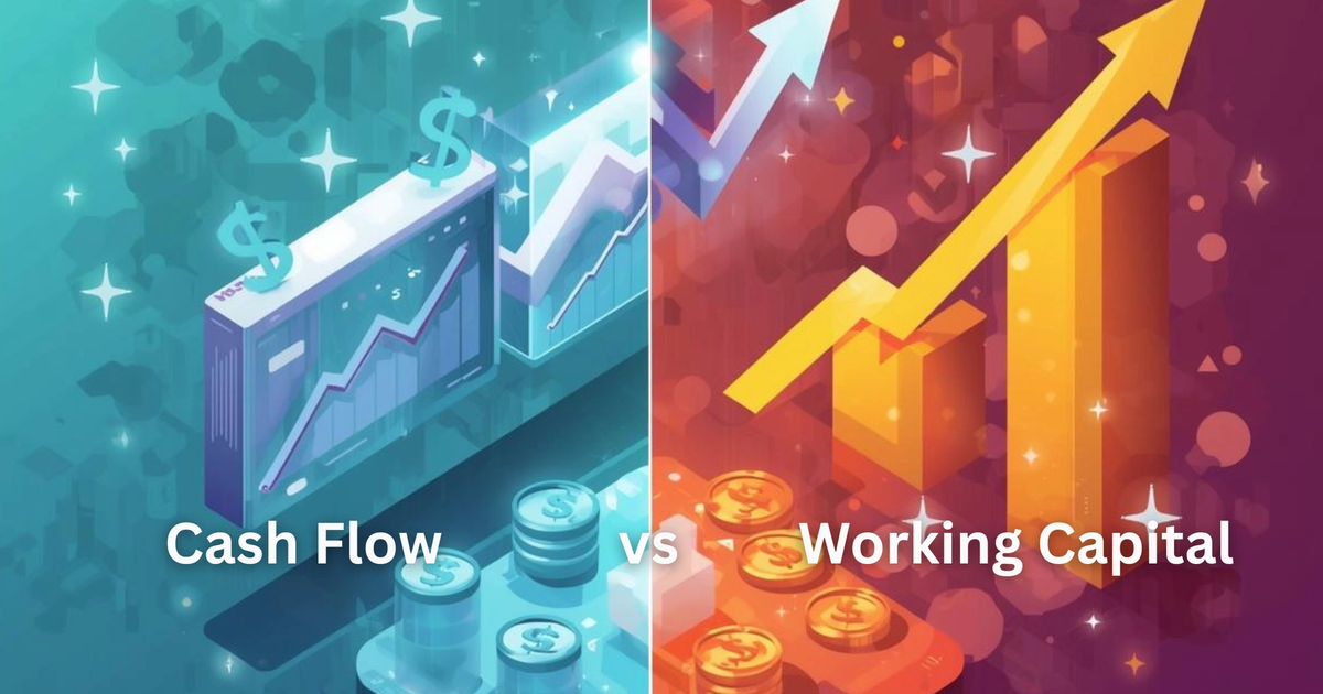 Illustration comparing cash flow vs. working capital with rising financial charts.