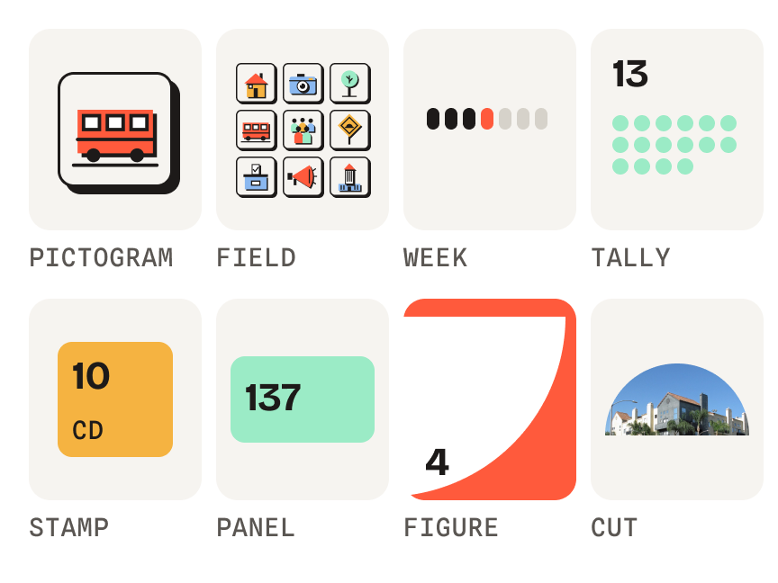 Eight words of the vocabulary: cell, field, week, tally, stamp, panel, figure and cut