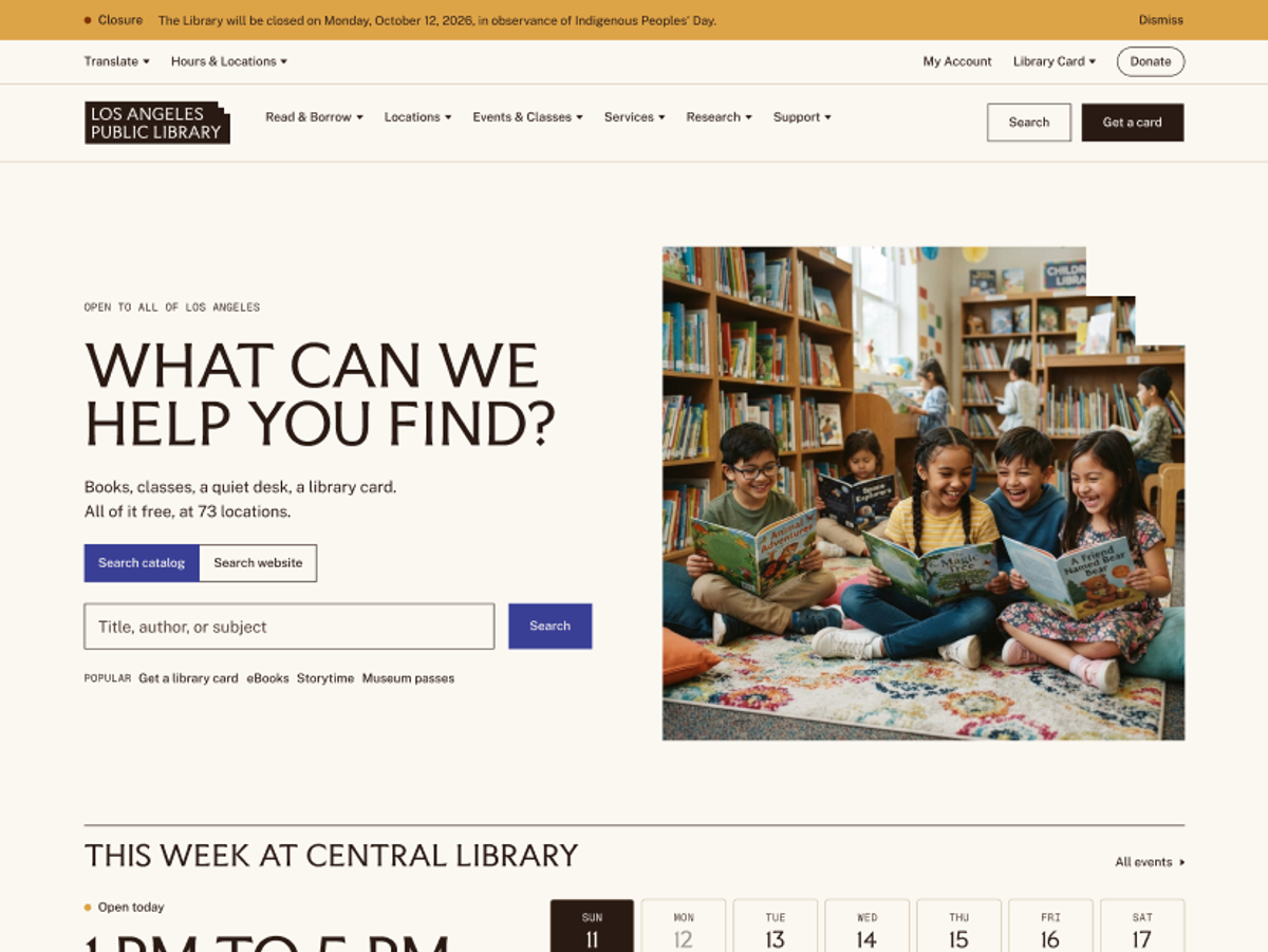 The LAPL homepage: What can we help you find?, with catalog search