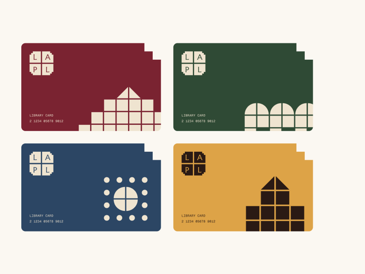 Four library card fronts in oxblood, pine, lapis and ochre