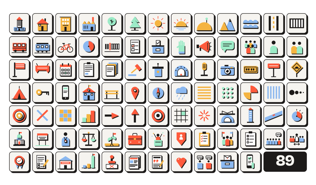 All 89 Townminute pictograms, each built from the six letters