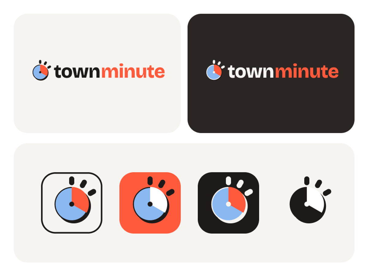 Townminute lockups on white, Tomato, Night and one ink, with app icons