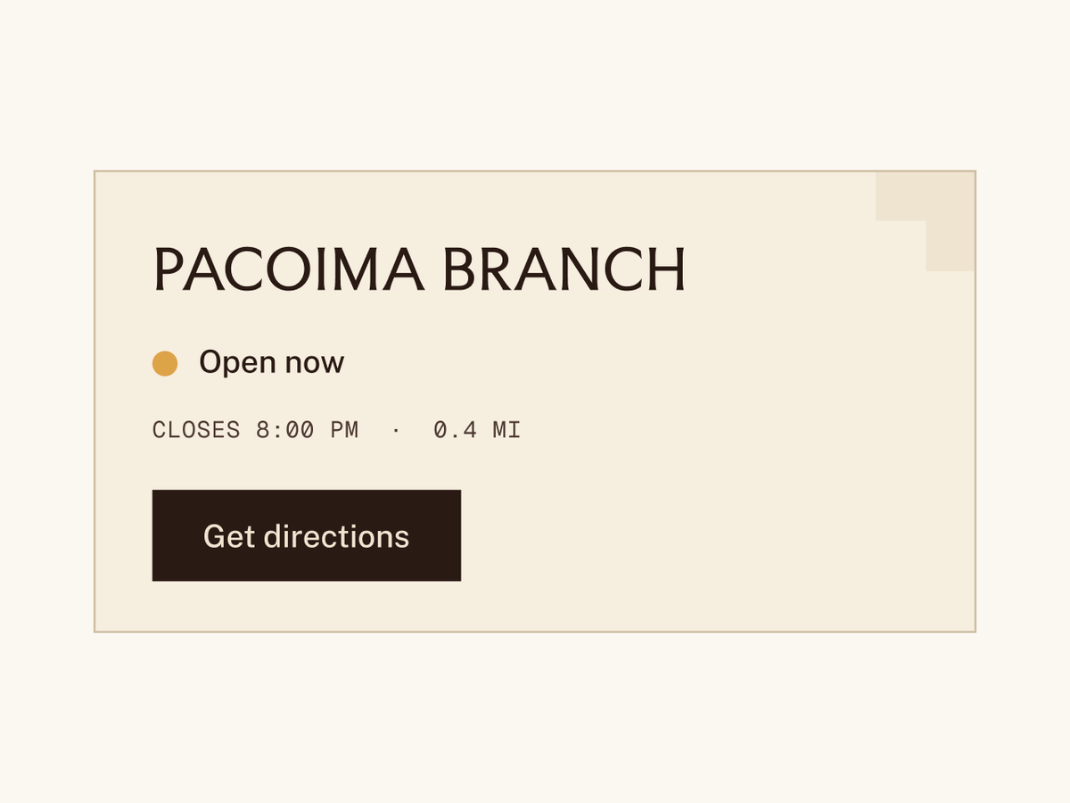 The same letters in product: a branch card with today's hours and a Get directions button