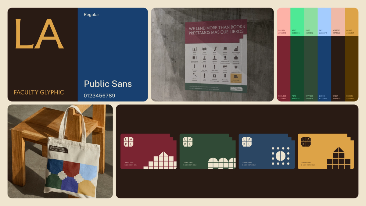 The LAPL identity at a glance: the LA monogram in Faculty Glyphic, Public Sans, a branch poster, the color pairs, a tote bag and four library cards