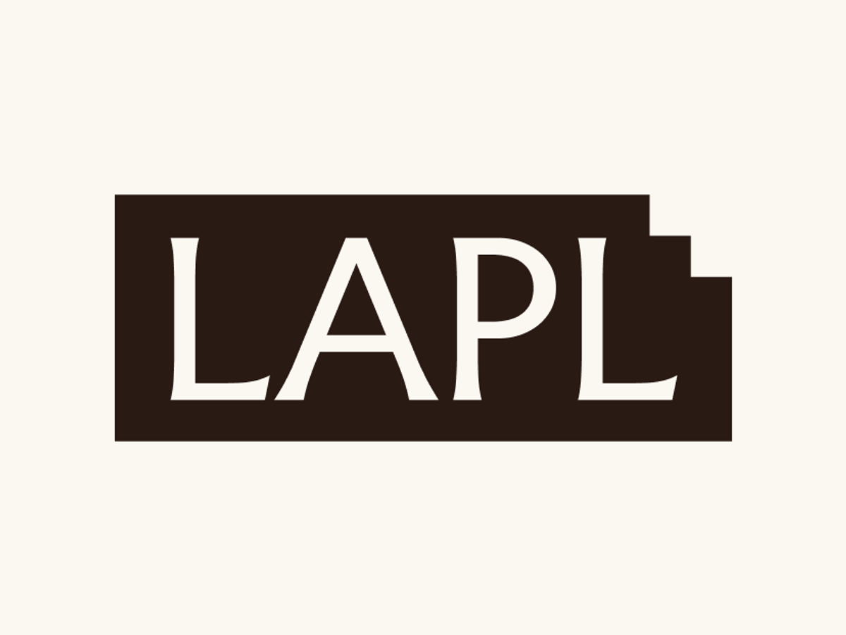 The LAPL mark: four letters in a field with a stair cut from its corner