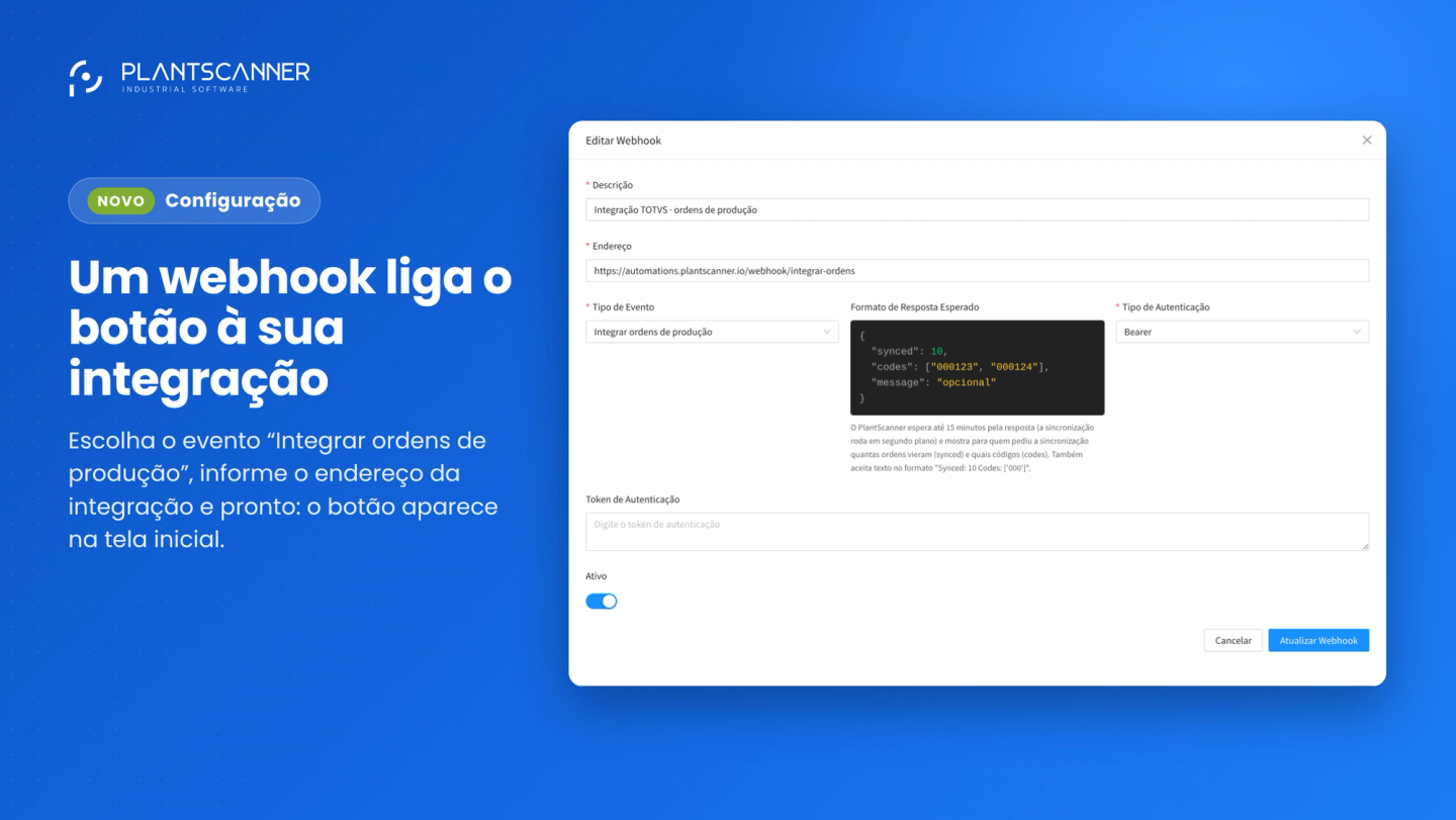 Cadastro de webhook com o evento Integrar ordens de produção e o formato de resposta esperado