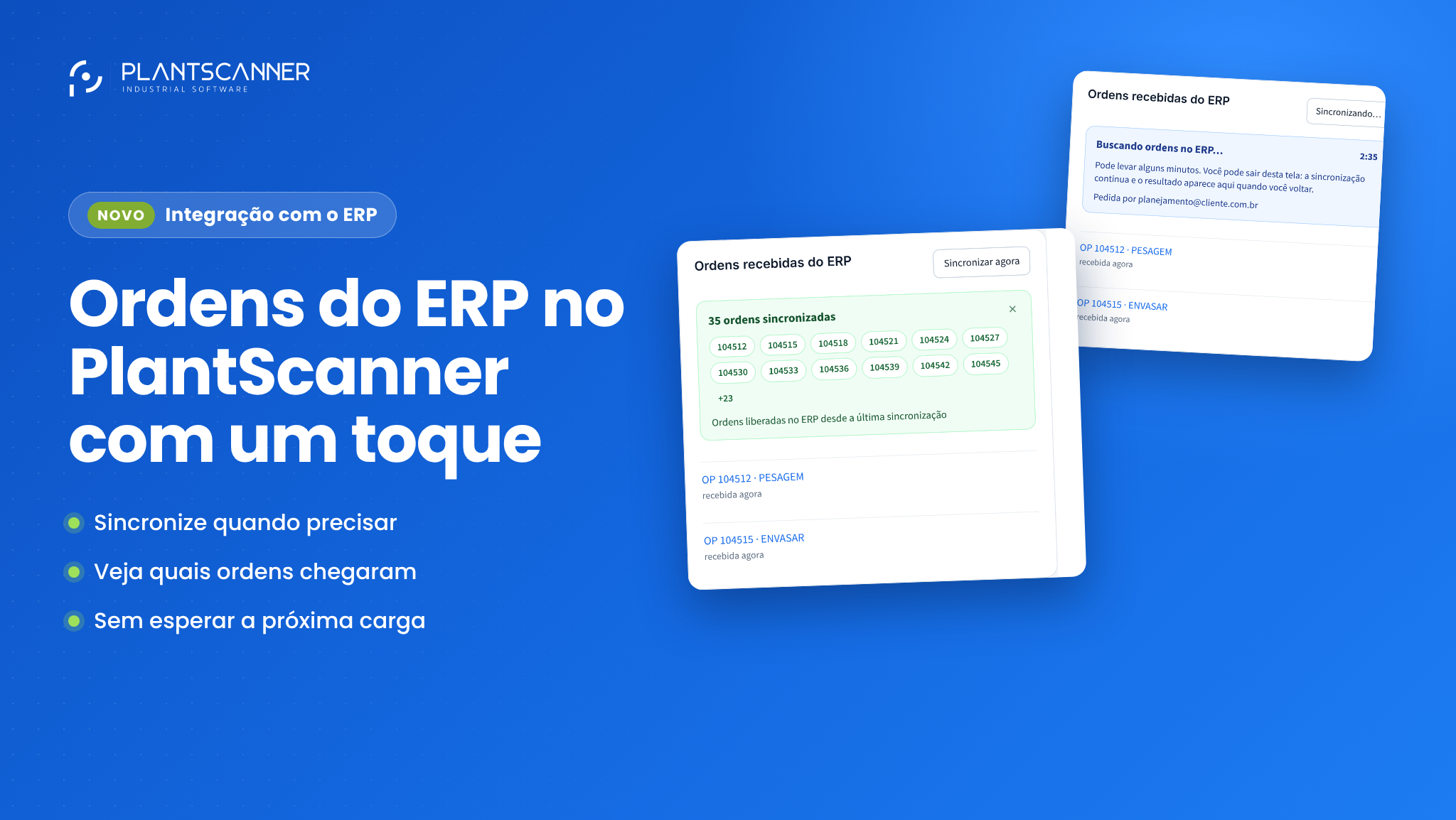 Cartão Ordens recebidas do ERP mostrando 35 ordens sincronizadas