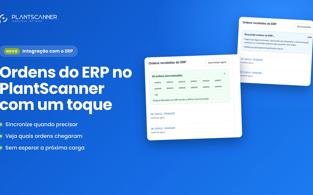 Cartão Ordens recebidas do ERP mostrando 35 ordens sincronizadas