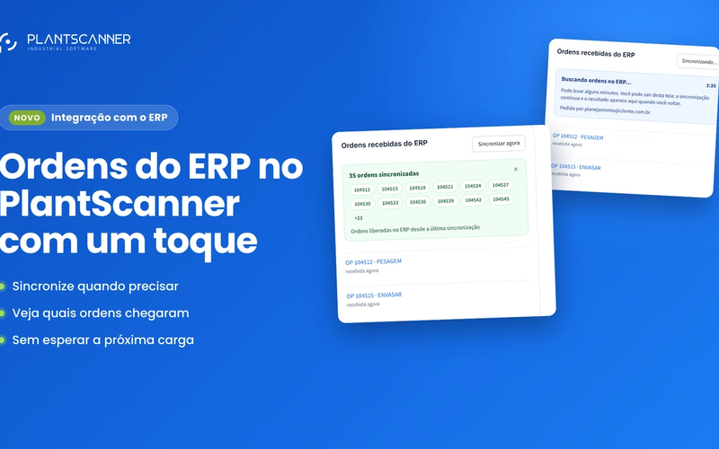 Cartão Ordens recebidas do ERP mostrando 35 ordens sincronizadas