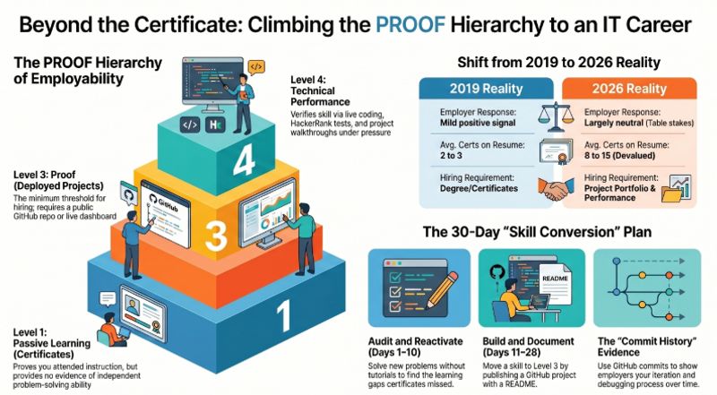 30-day certificate to portfolio conversion plan showing daily actions from certificate audit through skill reactivation project build documentation and mock interview