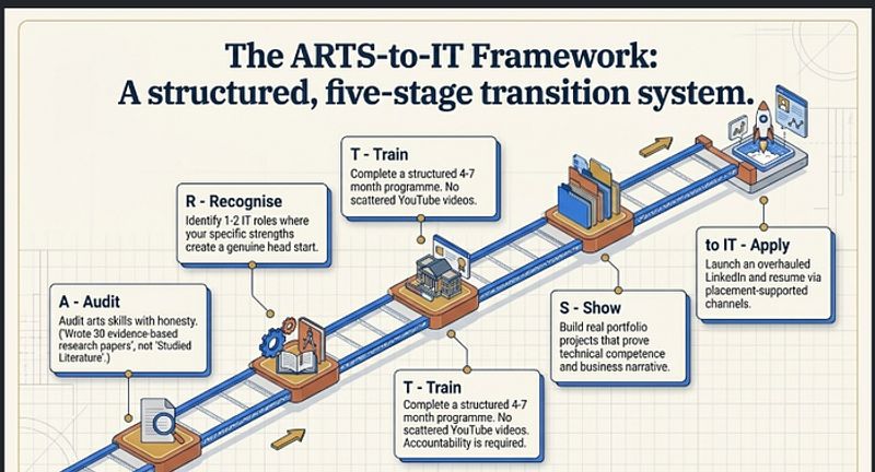 ARTS-to-IT Transition Framework showing five stages from arts background to IT employment Audit Recognise Train Show Apply