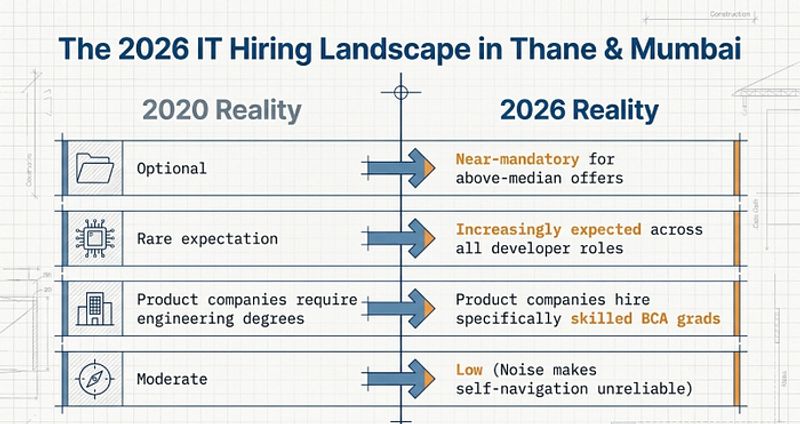 Comparison table showing BCA IT career landscape changes between 2020 and 2026 in Thane and Mumbai
