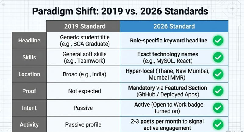 LinkedIn profile standards comparison table showing how expectations have changed then versus now for IT freshers in Mumbai