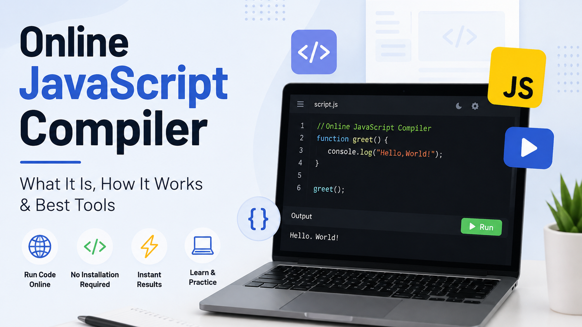 Online JavaScript compiler showing code editor and console output in a browser