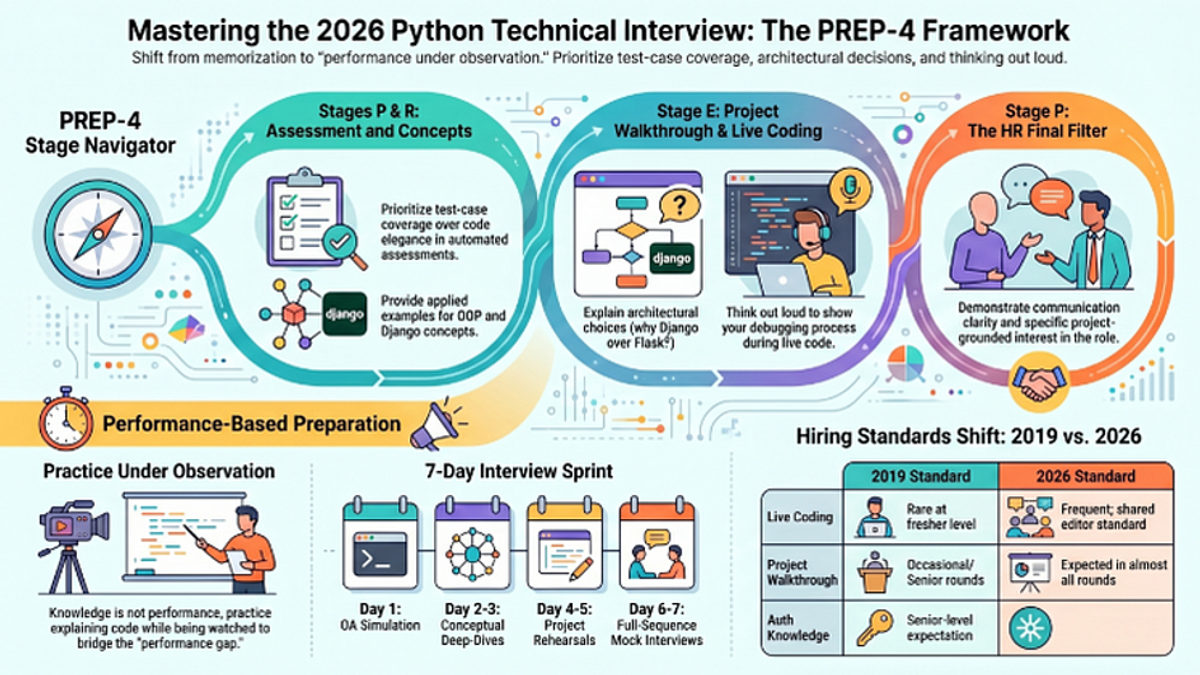 PREP-4 framework overview showing mastering the 2026 Python interview across four stages for Indian IT freshers