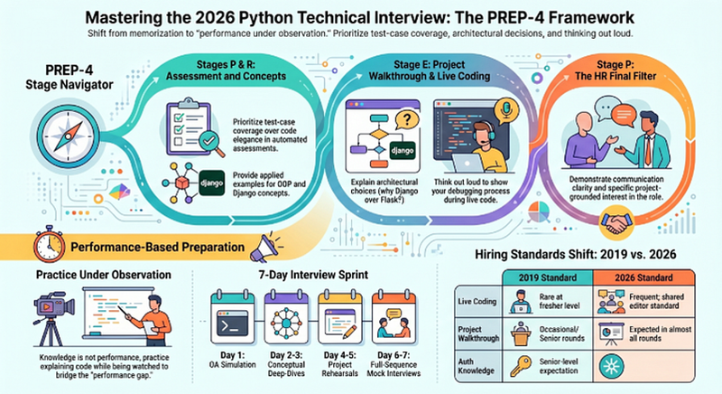 PREP-4 framework overview showing mastering the 2026 Python interview across four stages forIT freshers