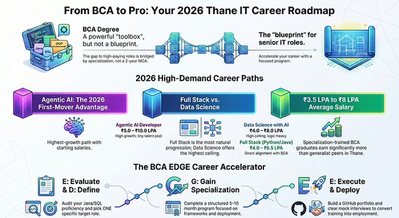BCA EDGE Career Accelerator framework showing four steps — Evaluate, Define, Gain, Execute for BCA graduates to progress from graduation to IT employment