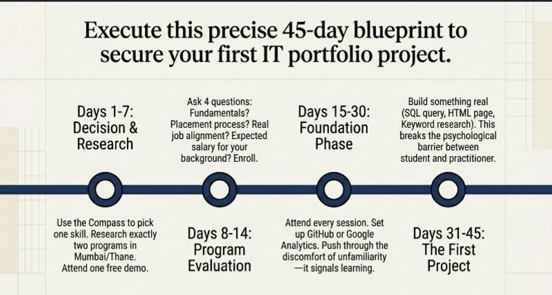 45-day post-12th IT skill plan for Mumbai students showing daily actions from Day 1 stream decision through Day 45 first project start